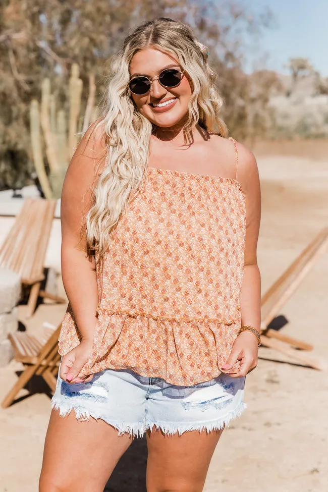 Come Back Again Brown Floral Ruffle Hem Tie Strap Tank FINAL SALE