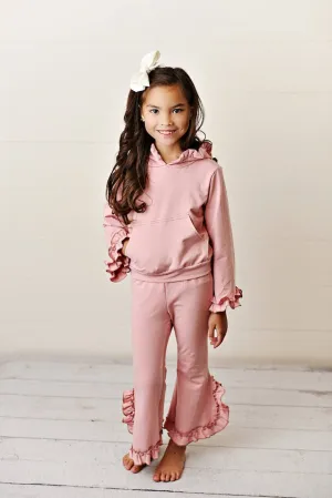 Kids Dusty Pink Hooded Ruffle Pocket Lounge Set: