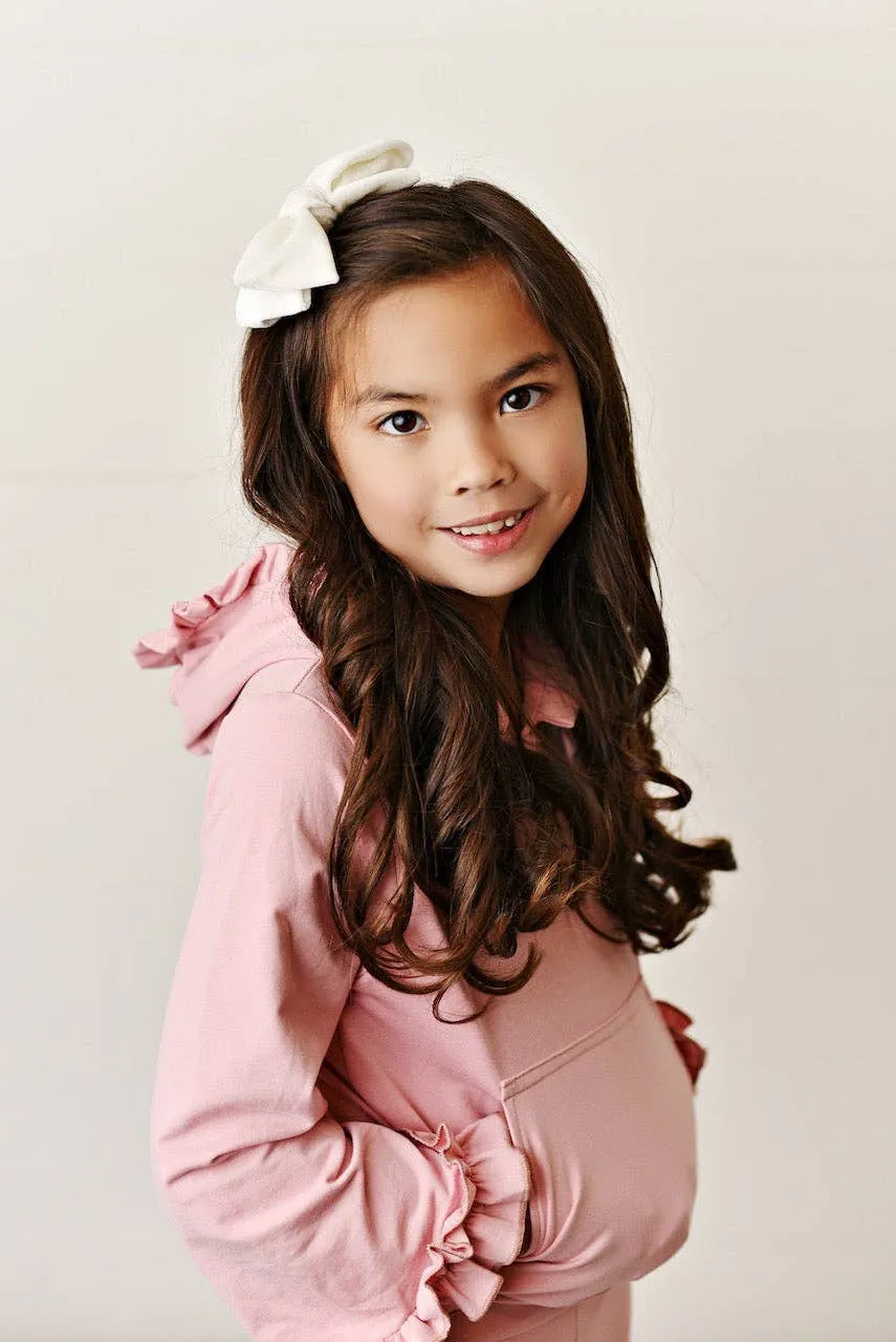 Kids Dusty Pink Hooded Ruffle Pocket Lounge Set: