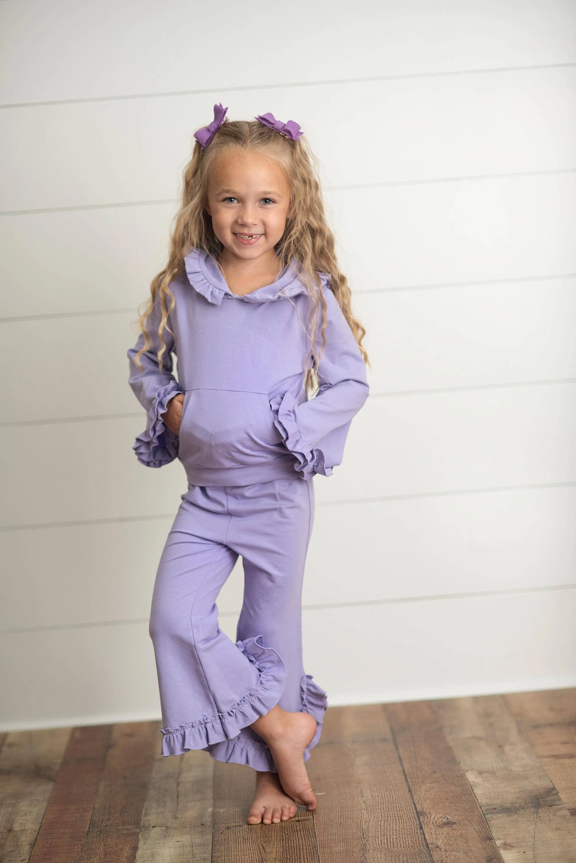 Kids Lavender Hooded Ruffle Pocket Lounge Set: