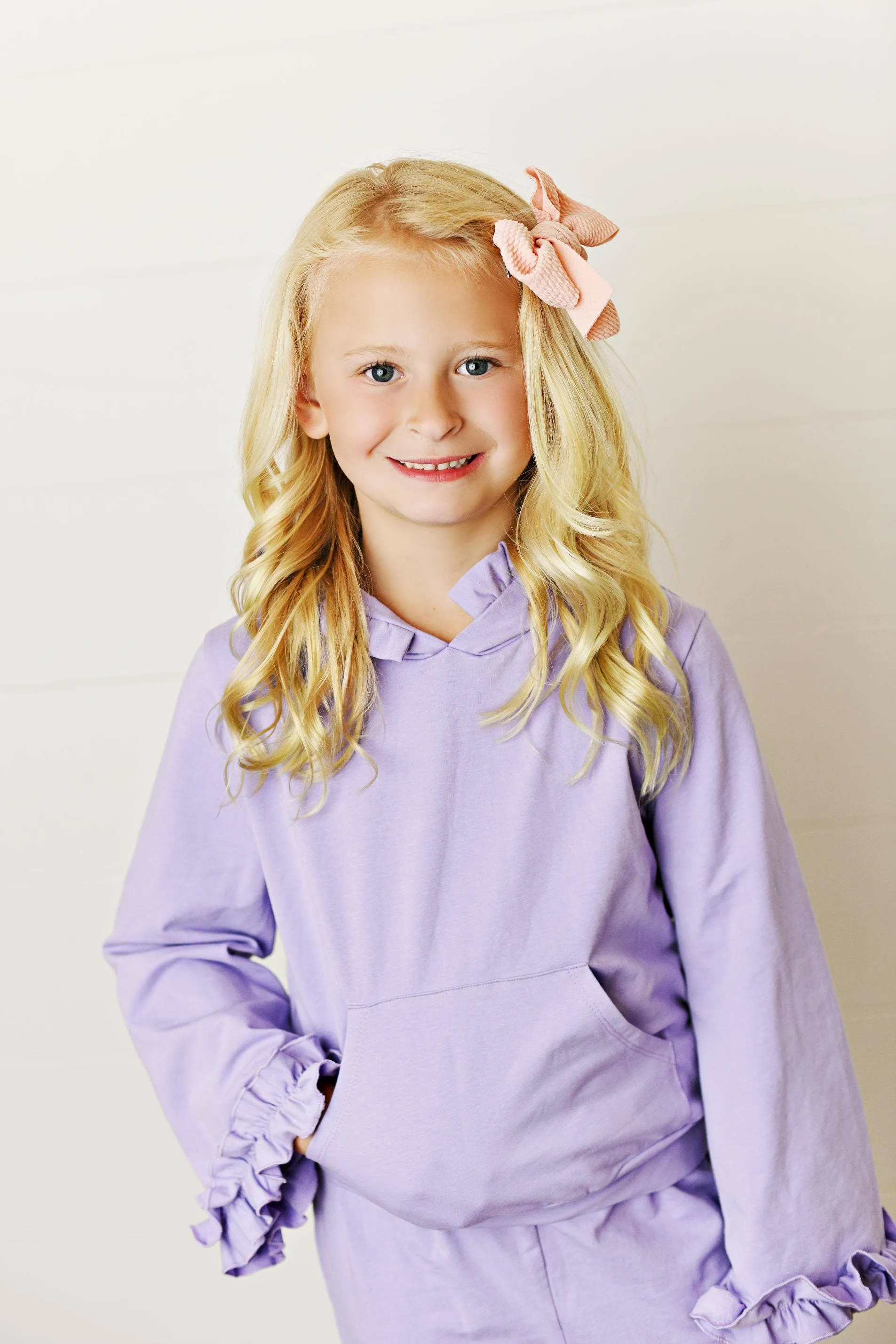 Kids Lavender Hooded Ruffle Pocket Lounge Set: