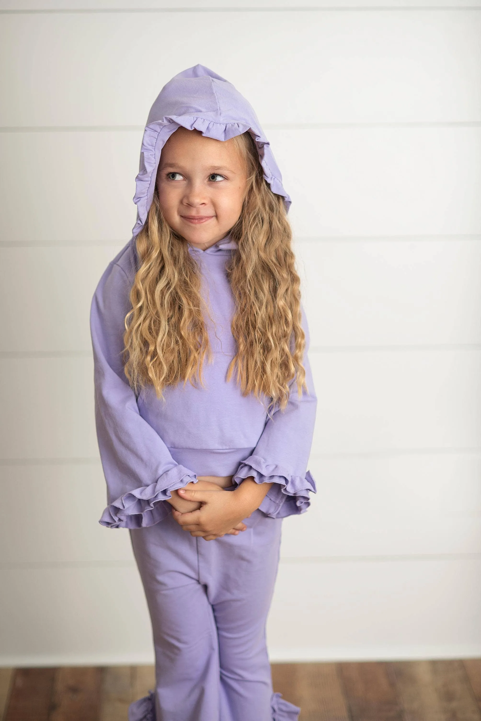 Kids Lavender Hooded Ruffle Pocket Lounge Set: