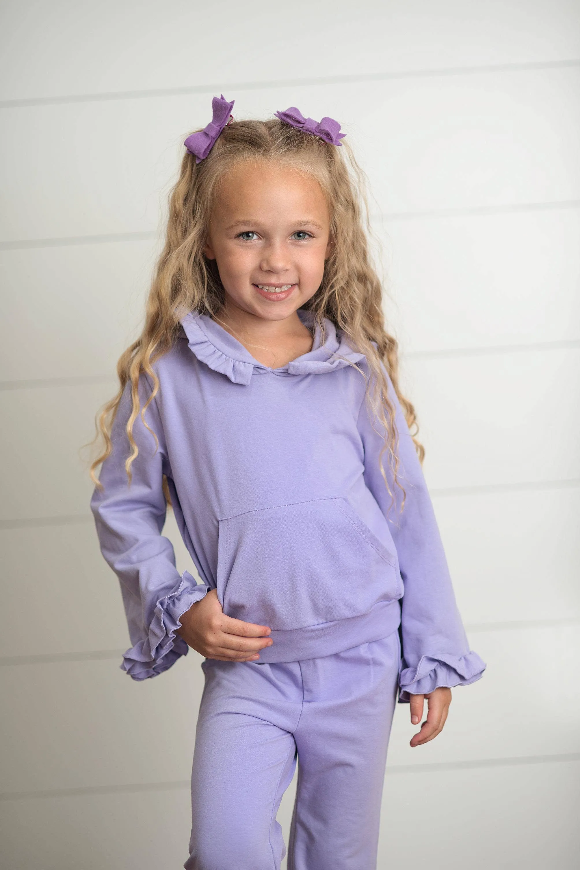 Kids Lavender Hooded Ruffle Pocket Lounge Set:
