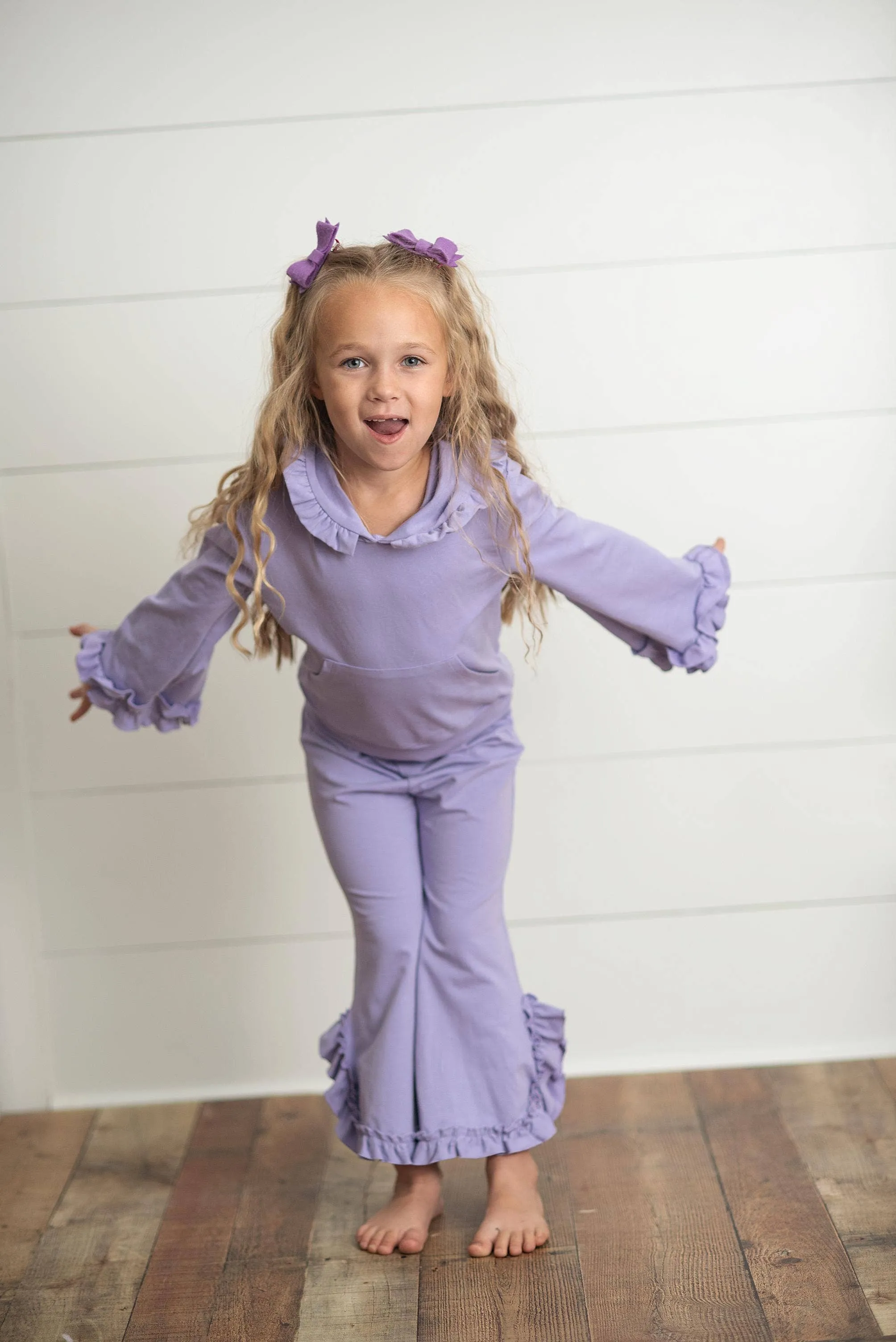 Kids Lavender Hooded Ruffle Pocket Lounge Set: