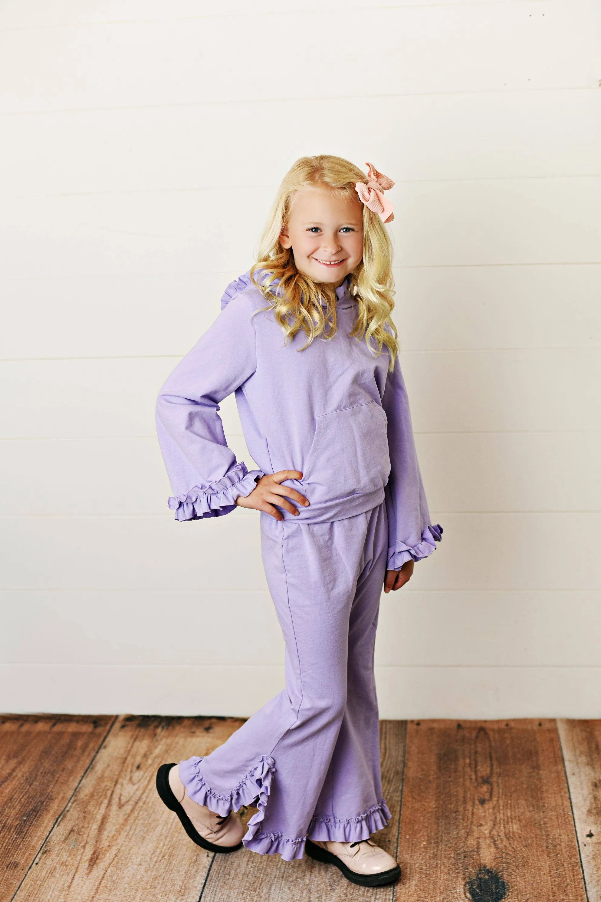 Kids Lavender Hooded Ruffle Pocket Lounge Set: