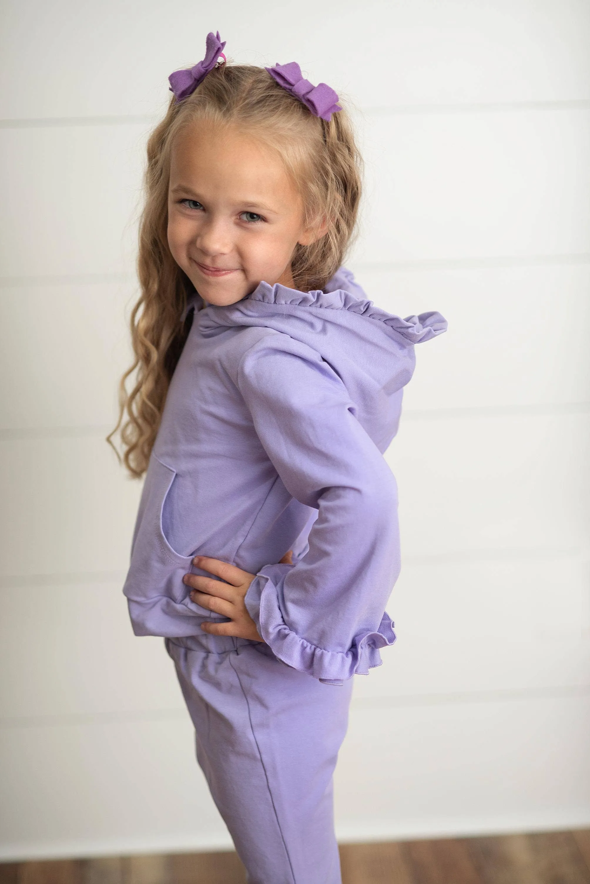 Kids Lavender Hooded Ruffle Pocket Lounge Set: