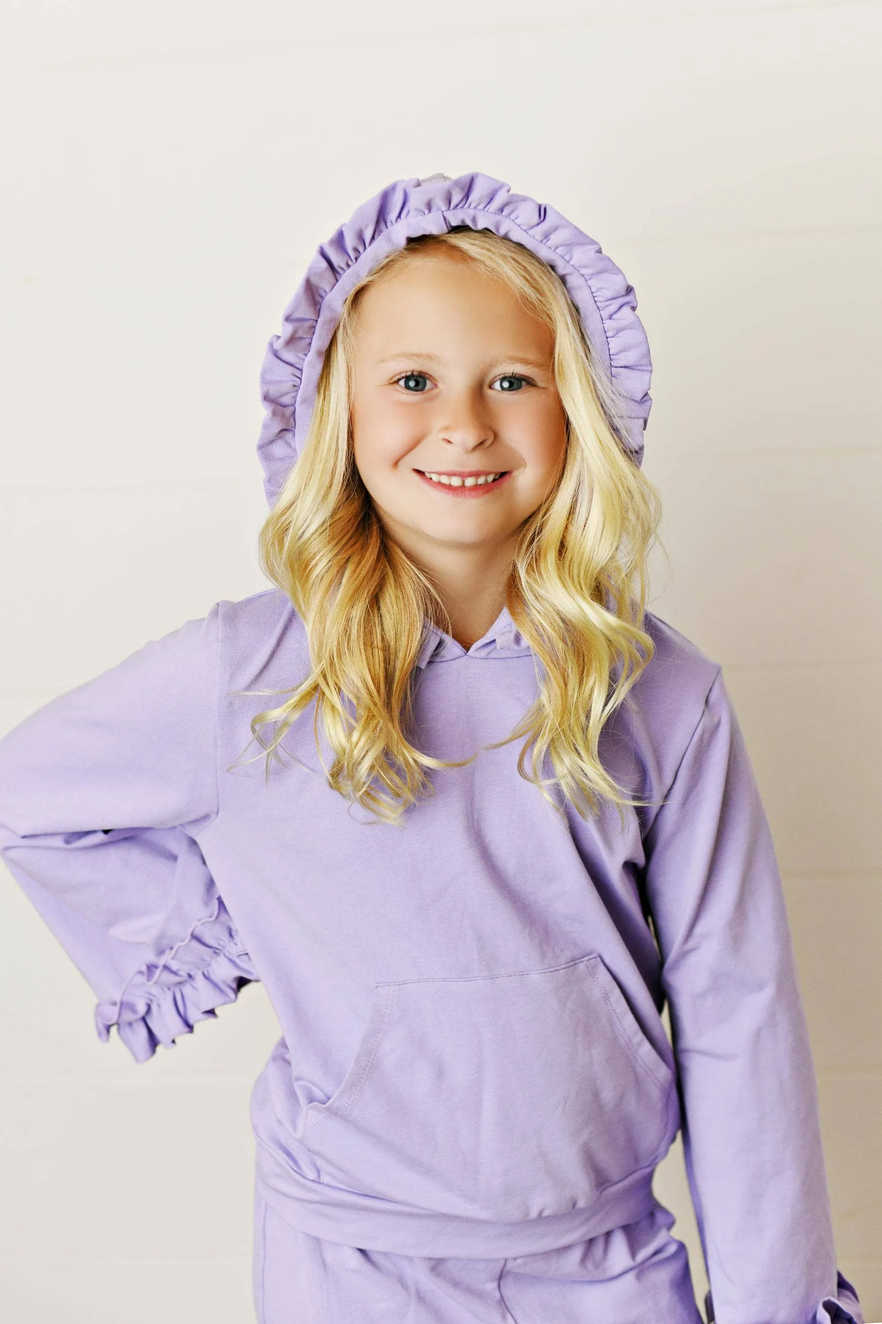 Kids Lavender Hooded Ruffle Pocket Lounge Set: