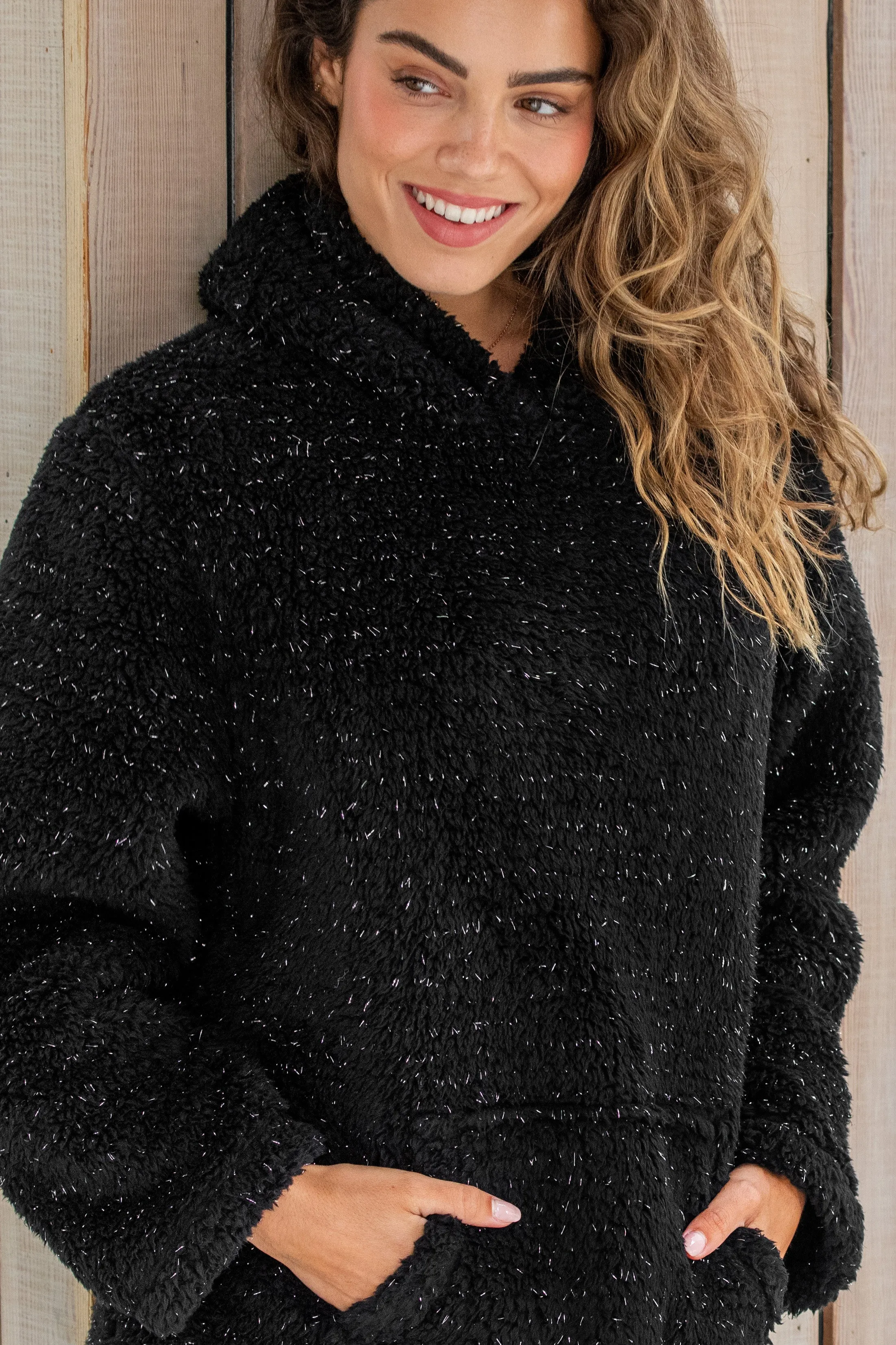 Metallic Cosy Fleece Hoodie-BLACK