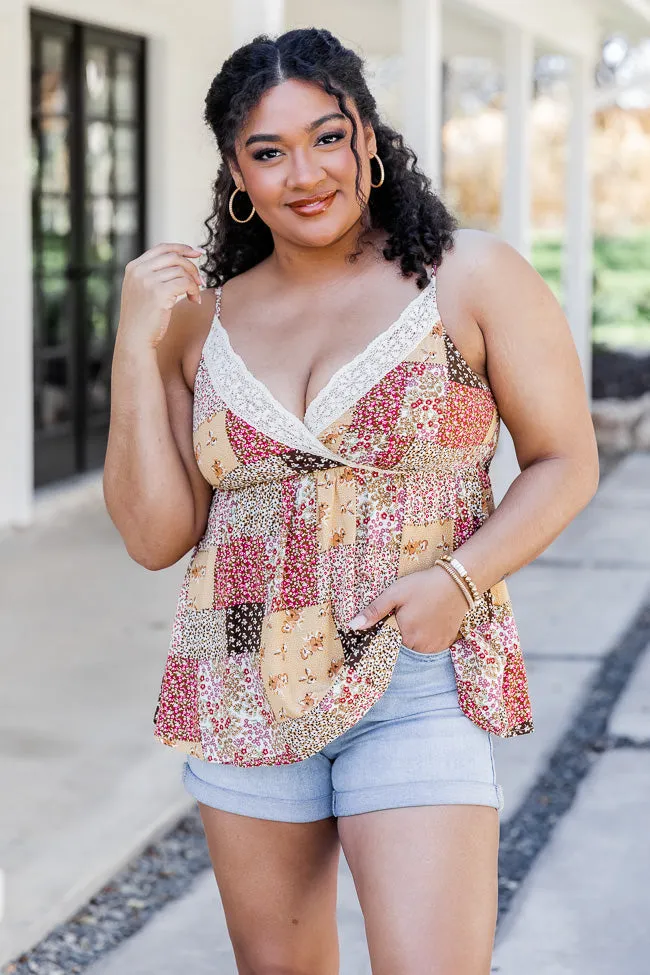 Real Good Feeling Mustard Patchwork Lace Trim Tank FINAL SALE