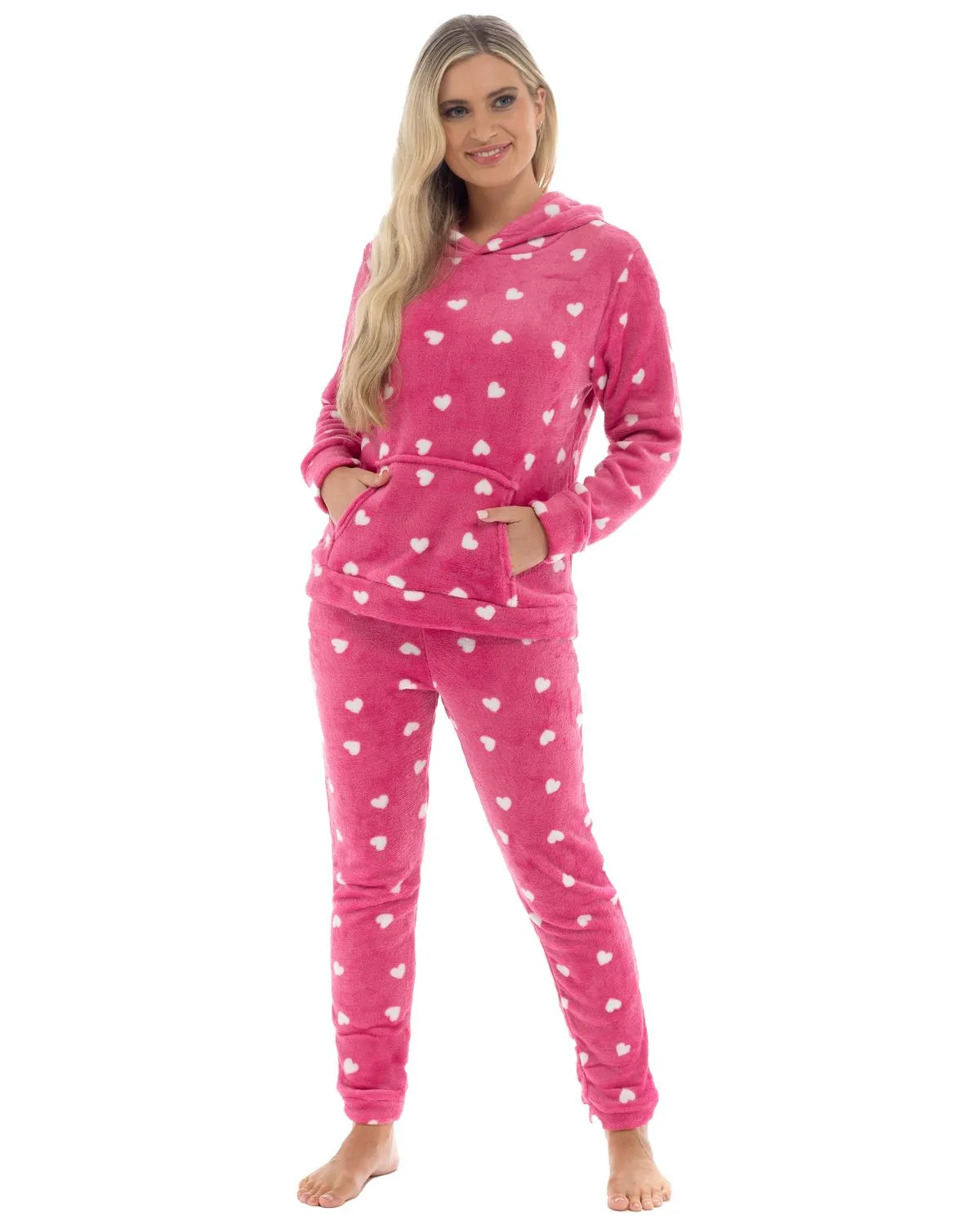Womens Heart Print Hooded Fleece Pyjamas