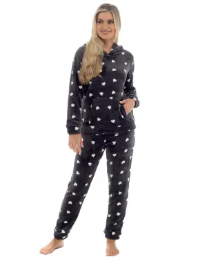 Womens Heart Print Hooded Fleece Pyjamas