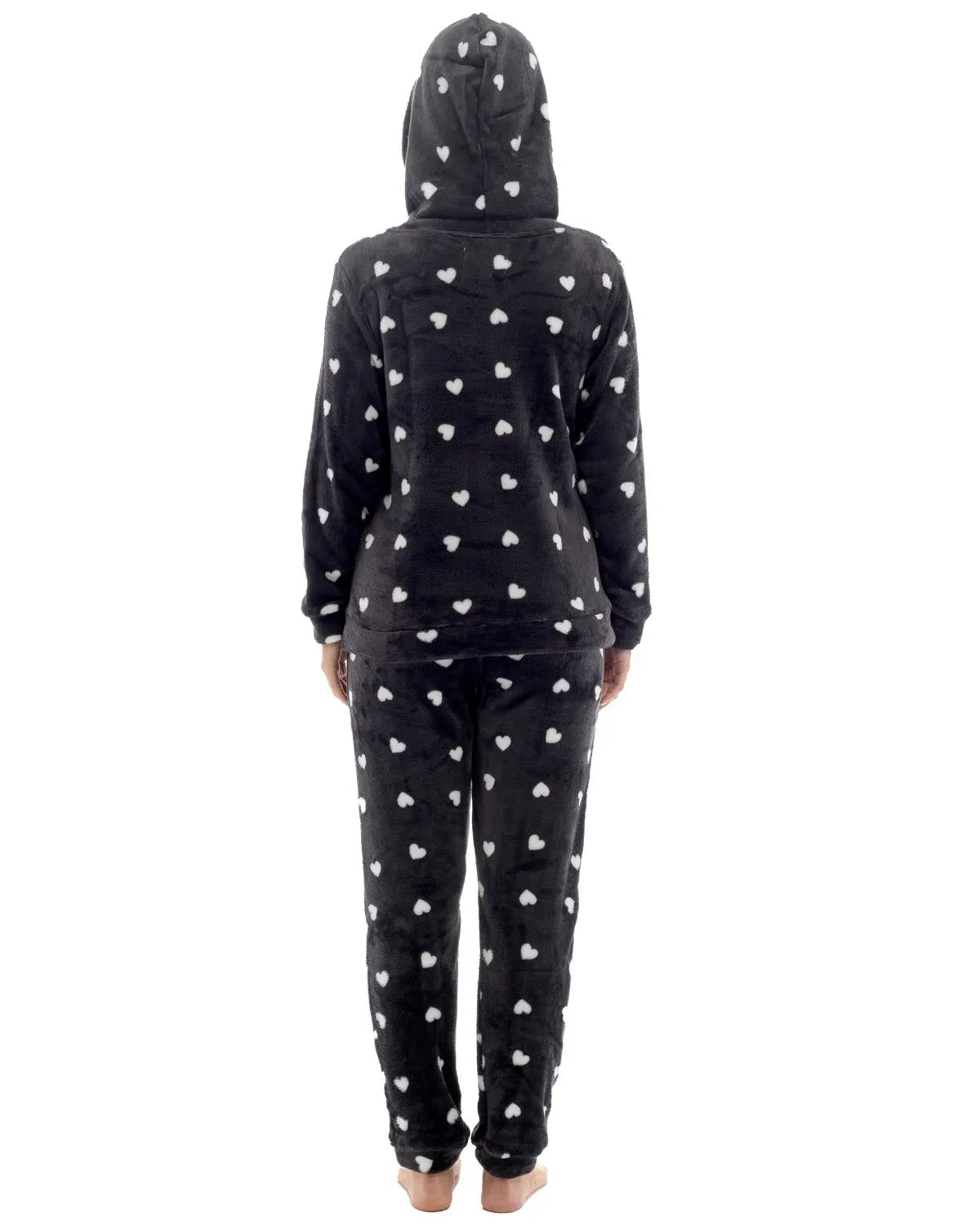 Womens Heart Print Hooded Fleece Pyjamas