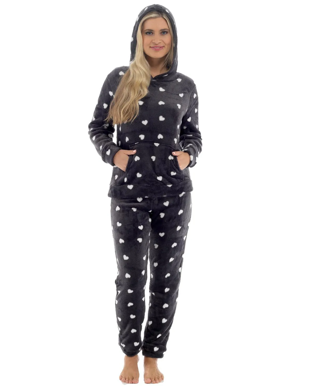 Womens Heart Print Hooded Fleece Pyjamas