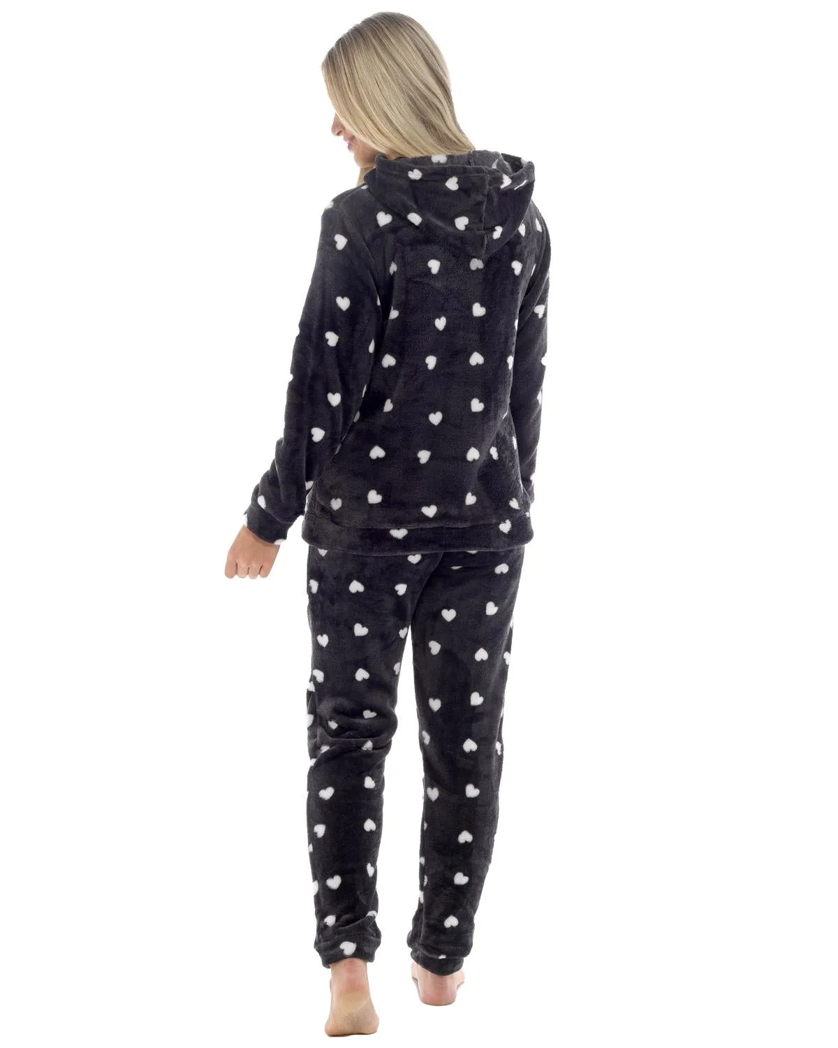 Womens Heart Print Hooded Fleece Pyjamas