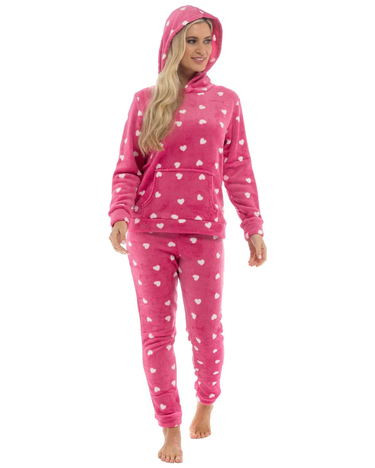 Womens Heart Print Hooded Fleece Pyjamas