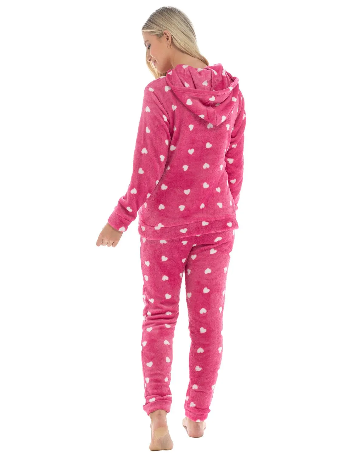 Womens Heart Print Hooded Fleece Pyjamas